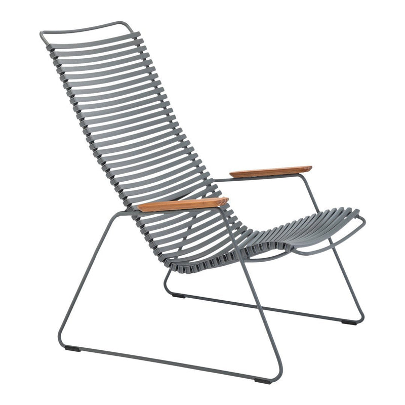 Gray-striped lounge chair with natural wood armrests, showcasing a sleek, modern design. Perfect for outdoor relaxation.