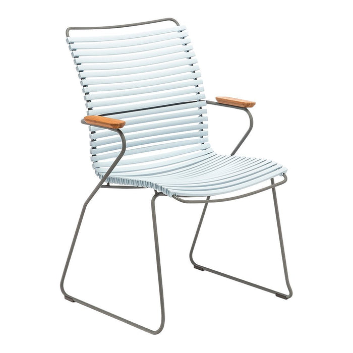 Light blue striped chair with wooden armrests, featuring a modern and sleek design. Perfect for outdoor or indoor use.