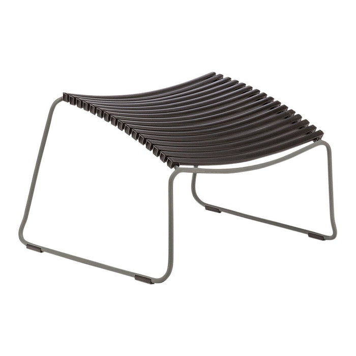 Brown slatted design with a curved silhouette, complemented by a sleek gray metal frame. Ideal for modern decor.