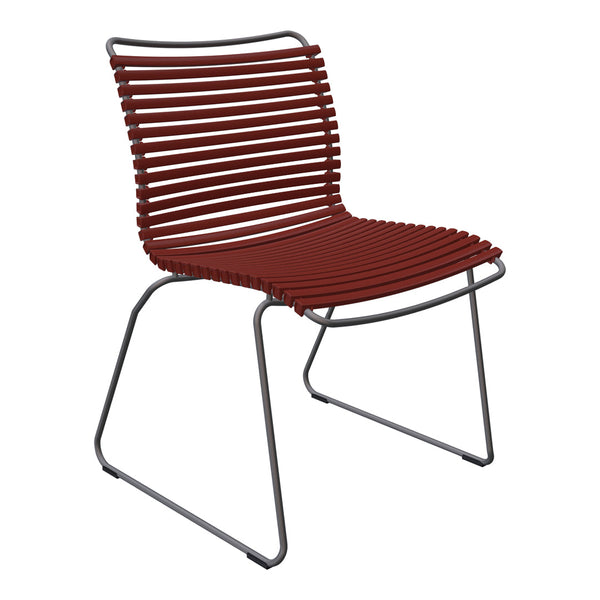 Red striped chair with a sleek metal frame, featuring horizontal lines for a modern, stylish design.
