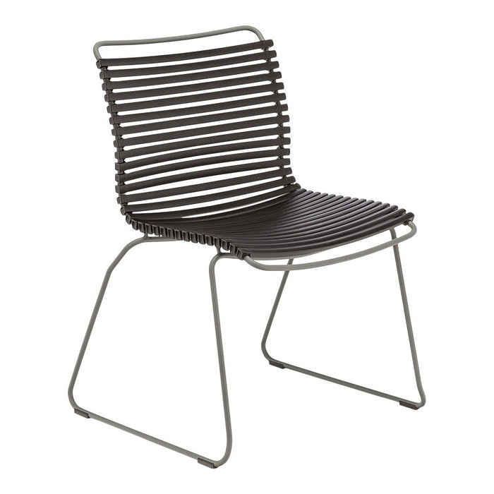 Black slatted chair with a sleek gray metal frame, showcasing a contemporary striped pattern design.