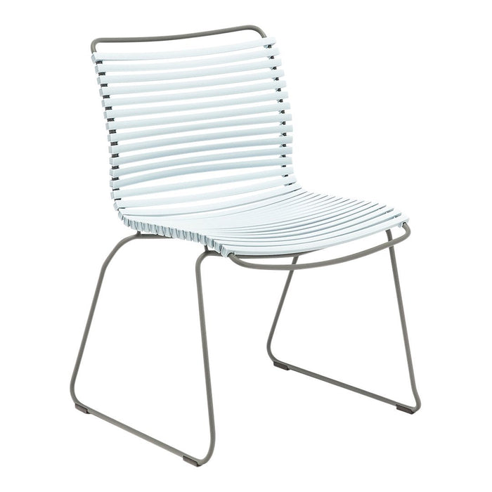 Light blue striped chair with a sleek, minimalist design and a sturdy gray metal frame. Perfect for modern decor.