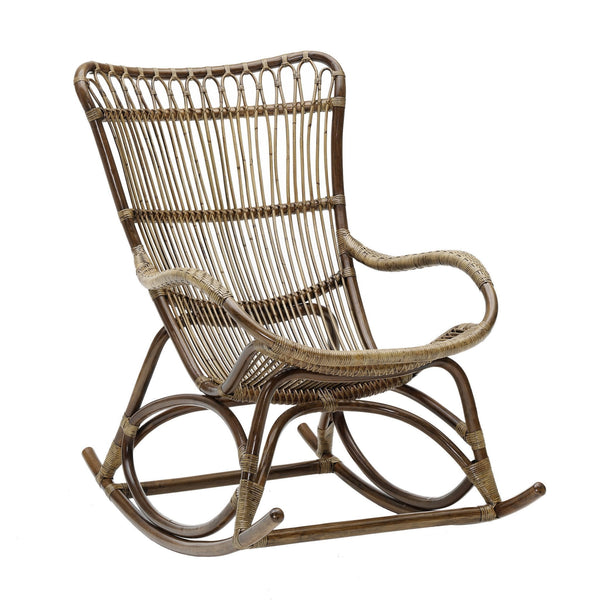 "Natural woven rattan rocking chair with a minimalist design, featuring earthy brown and beige tones."