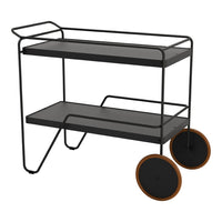 Black metal cart with two shelves and wood-accented wheels, featuring a sleek and modern design.