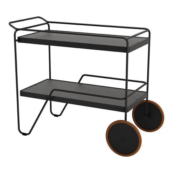 Black metal cart with two shelves and wood-accented wheels, featuring a sleek and modern design.