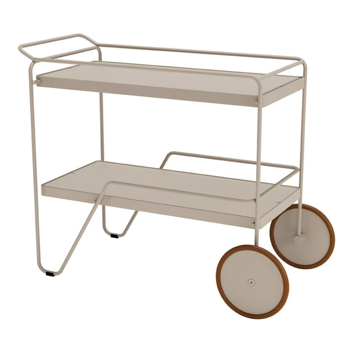 Cream-colored two-tiered cart with a minimalist design and wooden wheels. Perfect for stylish storage solutions.