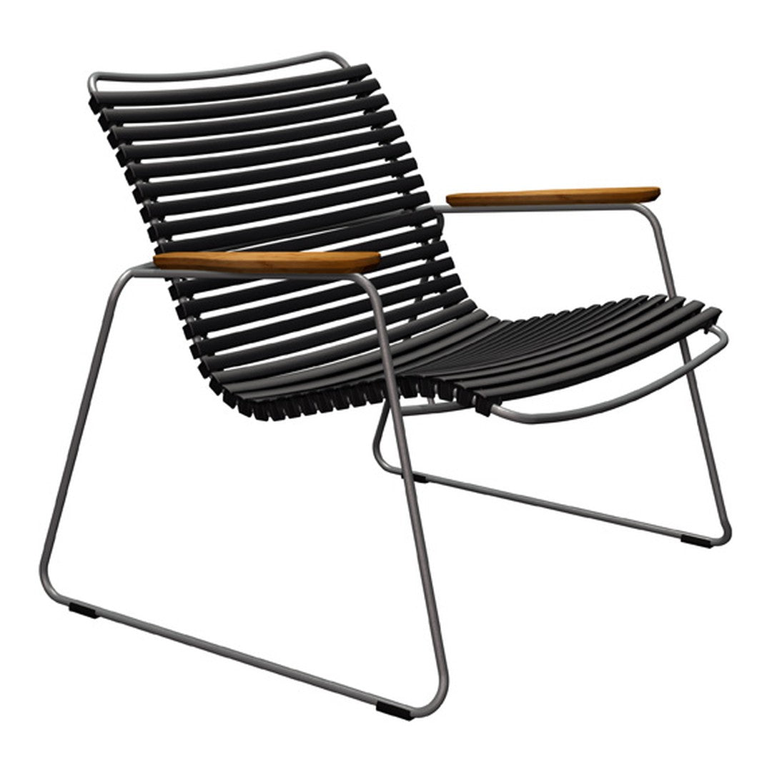 Modern black striped chair with smooth wooden armrests and a sleek metal frame, ideal for contemporary decor.