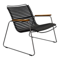 Modern black striped chair with smooth wooden armrests and a sleek metal frame, ideal for contemporary decor.