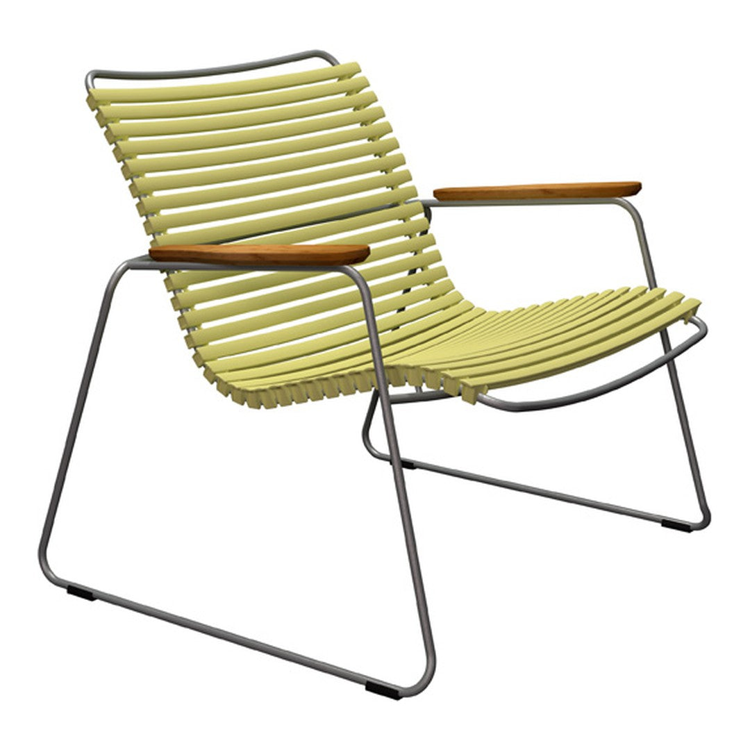 Lime green striped lounge chair with sleek metal frame and wooden armrest accents. Ideal for modern outdoor spaces.