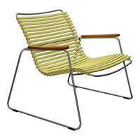 Lime green striped lounge chair with sleek metal frame and wooden armrest accents. Ideal for modern outdoor spaces.
