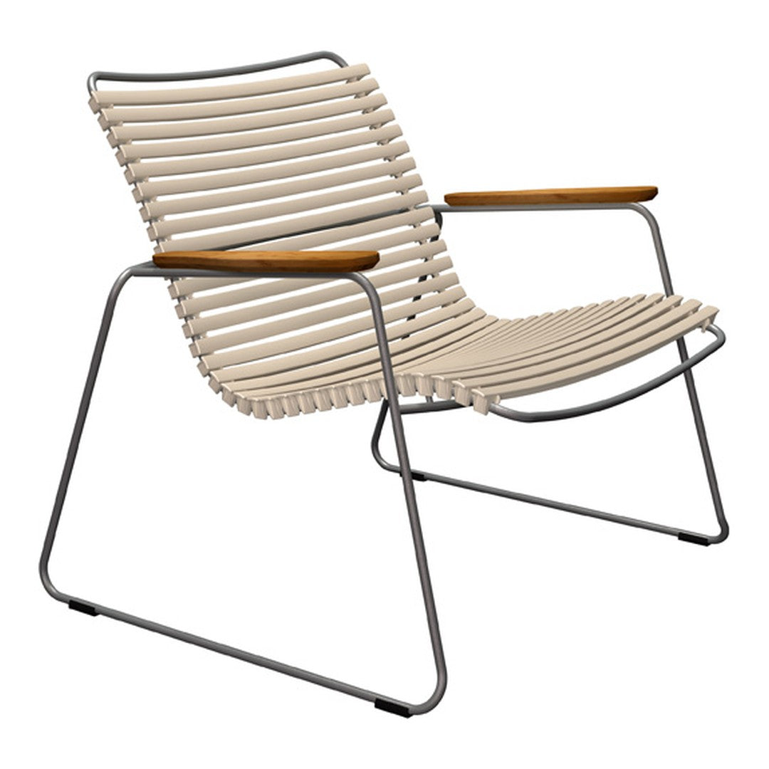 Beige striped lounge chair with wooden armrests and a sleek metal frame. Modern design for comfortable seating.