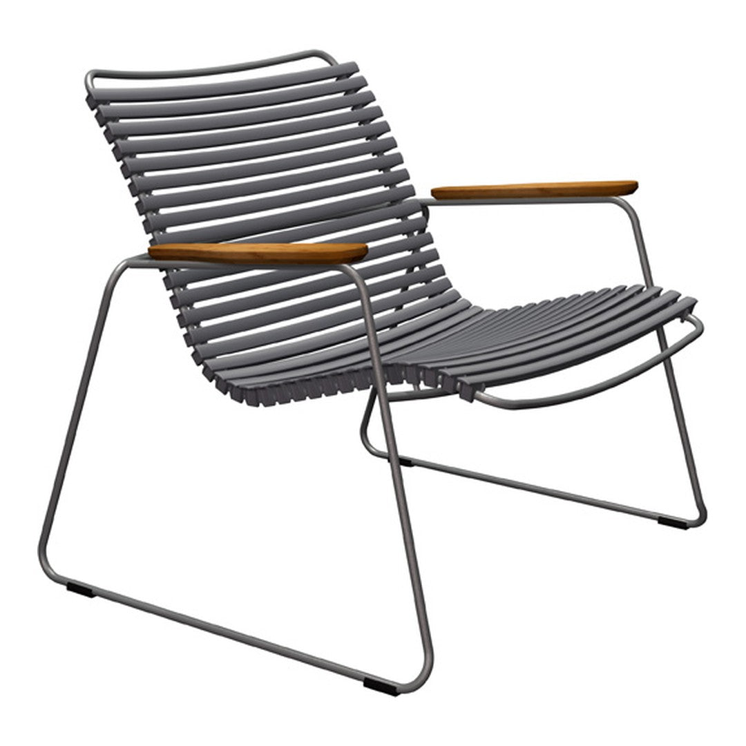 Gray striped lounge chair with sleek metal frame and wooden armrests, perfect for modern outdoor spaces.