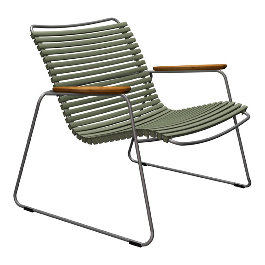 Olive green striped lounge chair with natural wood armrests on a sleek metal frame. Perfect for stylish outdoor spaces.