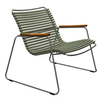 Olive green striped lounge chair with natural wood armrests on a sleek metal frame. Perfect for stylish outdoor spaces.