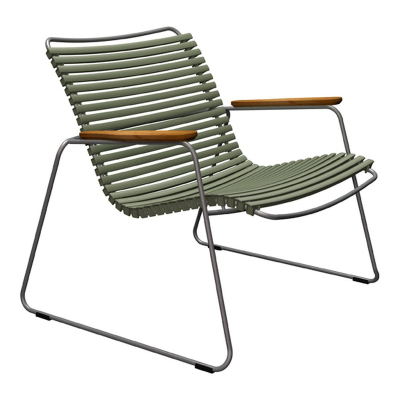 Olive green striped lounge chair with natural wood armrests on a sleek metal frame. Perfect for stylish outdoor spaces.