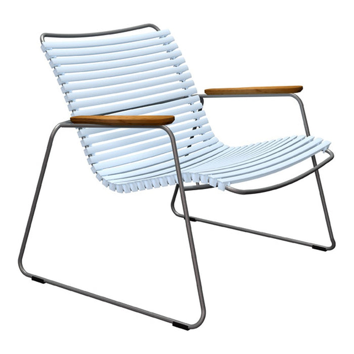 Light blue striped lounge chair with wooden armrests and sleek metal frame, perfect for modern outdoor decor.