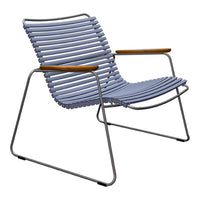 Light blue striped lounge chair with sleek metal frame and natural wood armrests, perfect for modern outdoor styling.