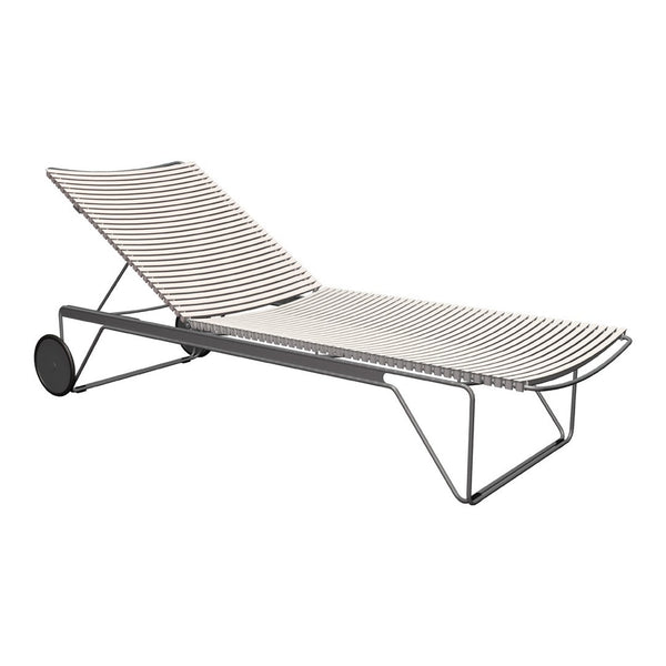 Striped white and gray lounge chair with a sleek metal frame, perfect for outdoor relaxation.