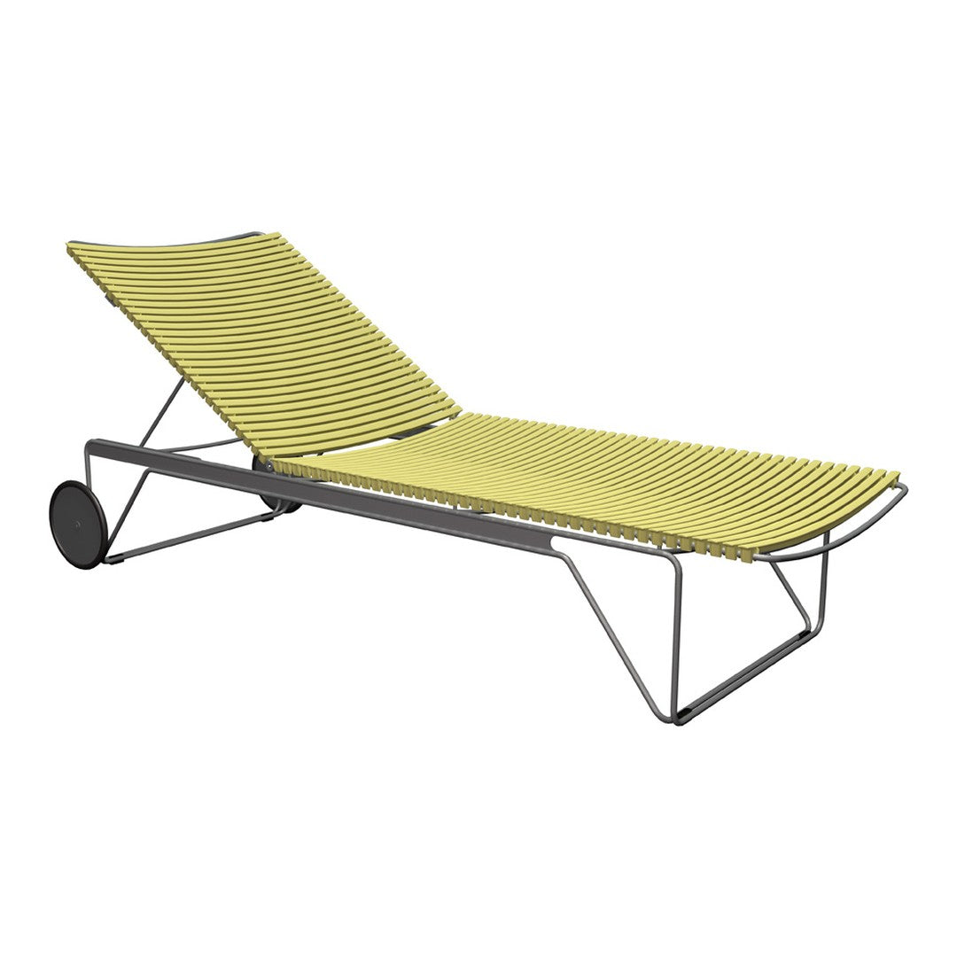 Yellow striped outdoor lounge chair with a sleek metal frame and side wheels. Perfect for modern patios.