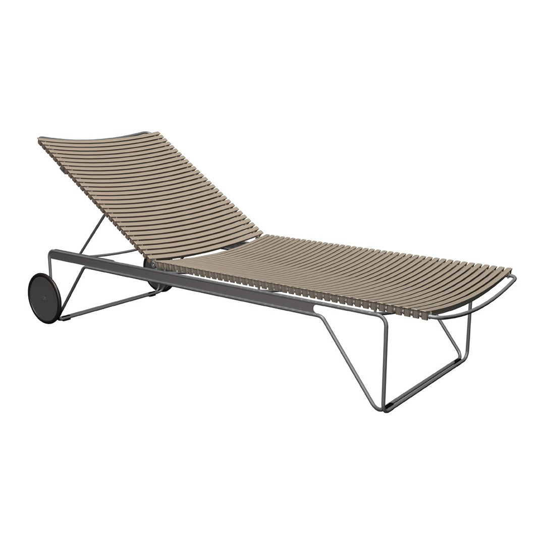 Taupe striped lounge chair with a sleek metal frame, perfect for outdoor relaxation. Modern minimalist design.