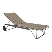Taupe striped lounge chair with a sleek metal frame, perfect for outdoor relaxation. Modern minimalist design.