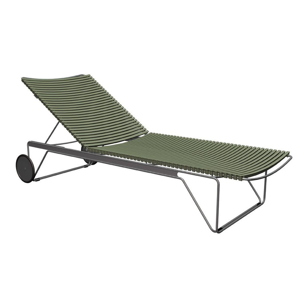 Green striped outdoor lounge chair with a sleek gray metal frame and minimalistic design, perfect for relaxing.