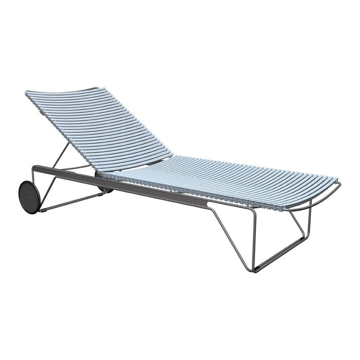 Blue striped lounge chair with a sleek metal frame, perfect for outdoor relaxation.
