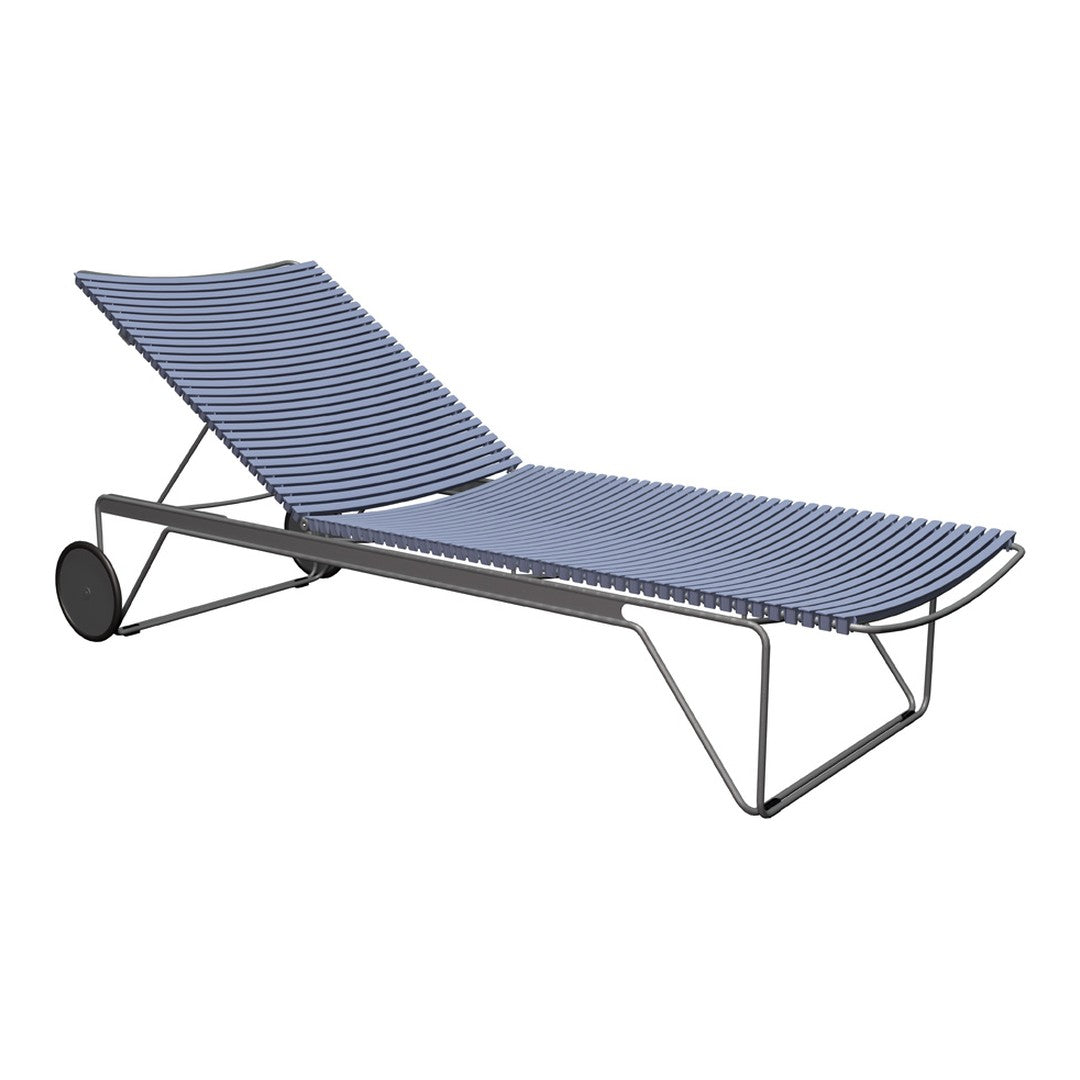 Blue and white striped lounge chair with a sleek metal frame and wheels for easy mobility. Ideal for outdoor relaxation.