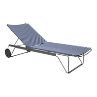 Blue and white striped lounge chair with a sleek metal frame and wheels for easy mobility. Ideal for outdoor relaxation.