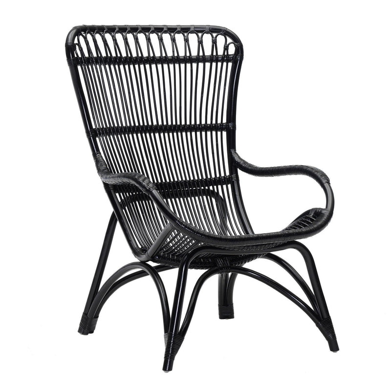 Black woven rattan chair featuring a sleek, modern design with open patterns and smooth curves. Perfect for stylish decor.