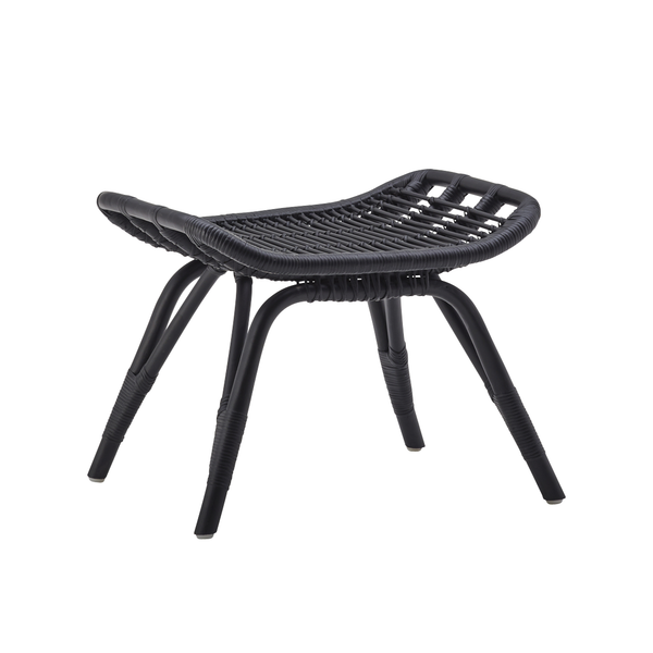 Black woven stool with a minimalist design and unique lattice pattern for stylish decor.