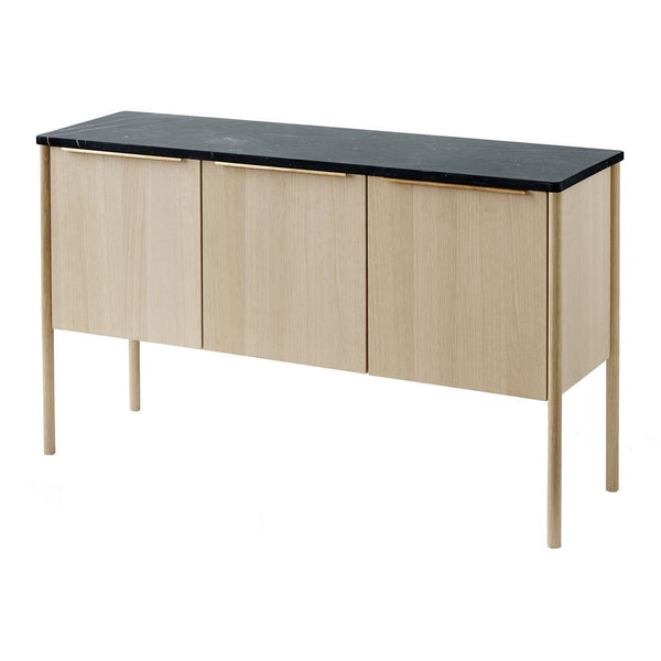 Light wood sideboard with a sleek black marble top and minimalist design. Elegant and modern for any space.
