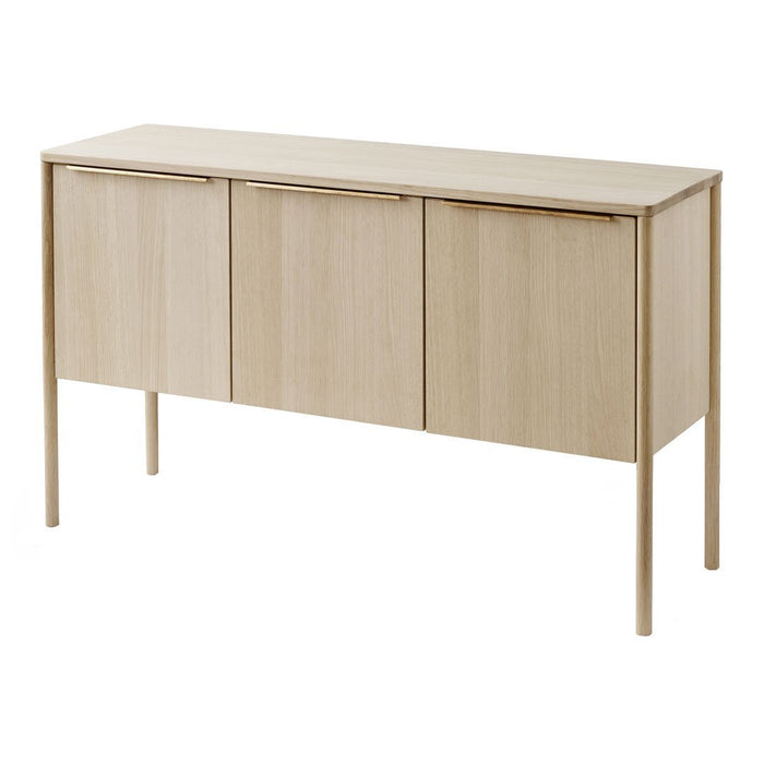 Light wood sideboard with a sleek, minimal design featuring three doors and slim metal legs.