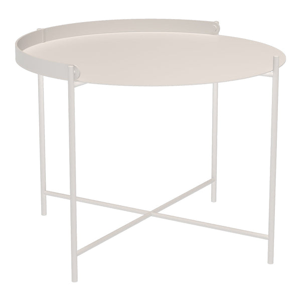 Round white side table with a sleek design and minimalist style, featuring a smooth tabletop and sturdy metal legs.