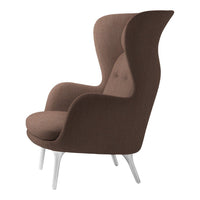 Elegant brown high-back chair with smooth fabric, featuring subtle button accents and sleek white legs.