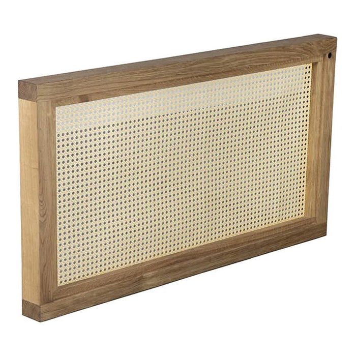 Natural wood frame with woven cane pattern, offering a warm, earthy aesthetic in soft beige tones.