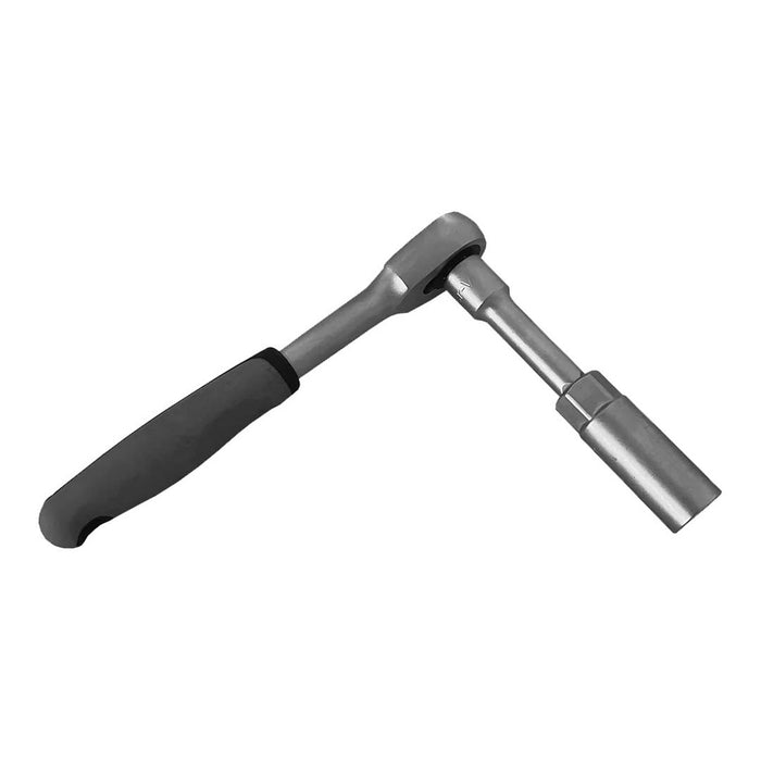 Silver chrome finish with a black rubber grip on a socket wrench, featuring a sleek, modern design and subtle texture.