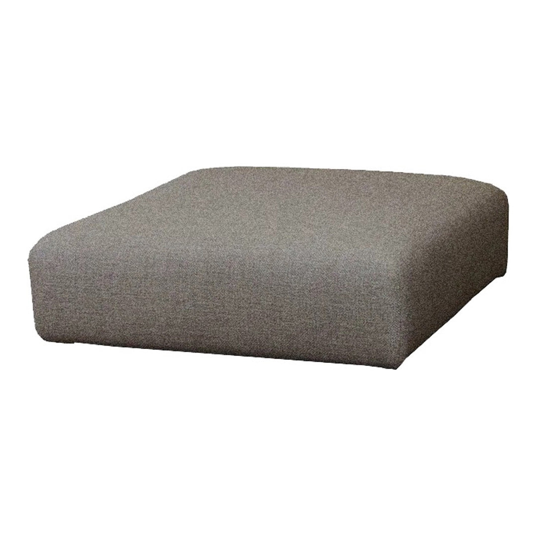 Gray square pouf with a smooth, textured fabric, perfect for modern living spaces.