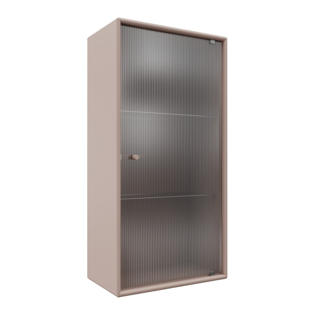 Beige storage cabinet with horizontal ribbed glass door, featuring sleek lines and modern design elements.