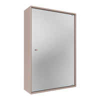 Rose gold cabinet with a sleek mirrored front, featuring a minimalist design and smooth surfaces.