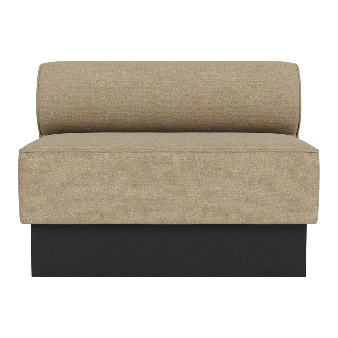 Beige fabric upholstery with a black base, featuring a simple, modern design and a cylindrical back cushion.
