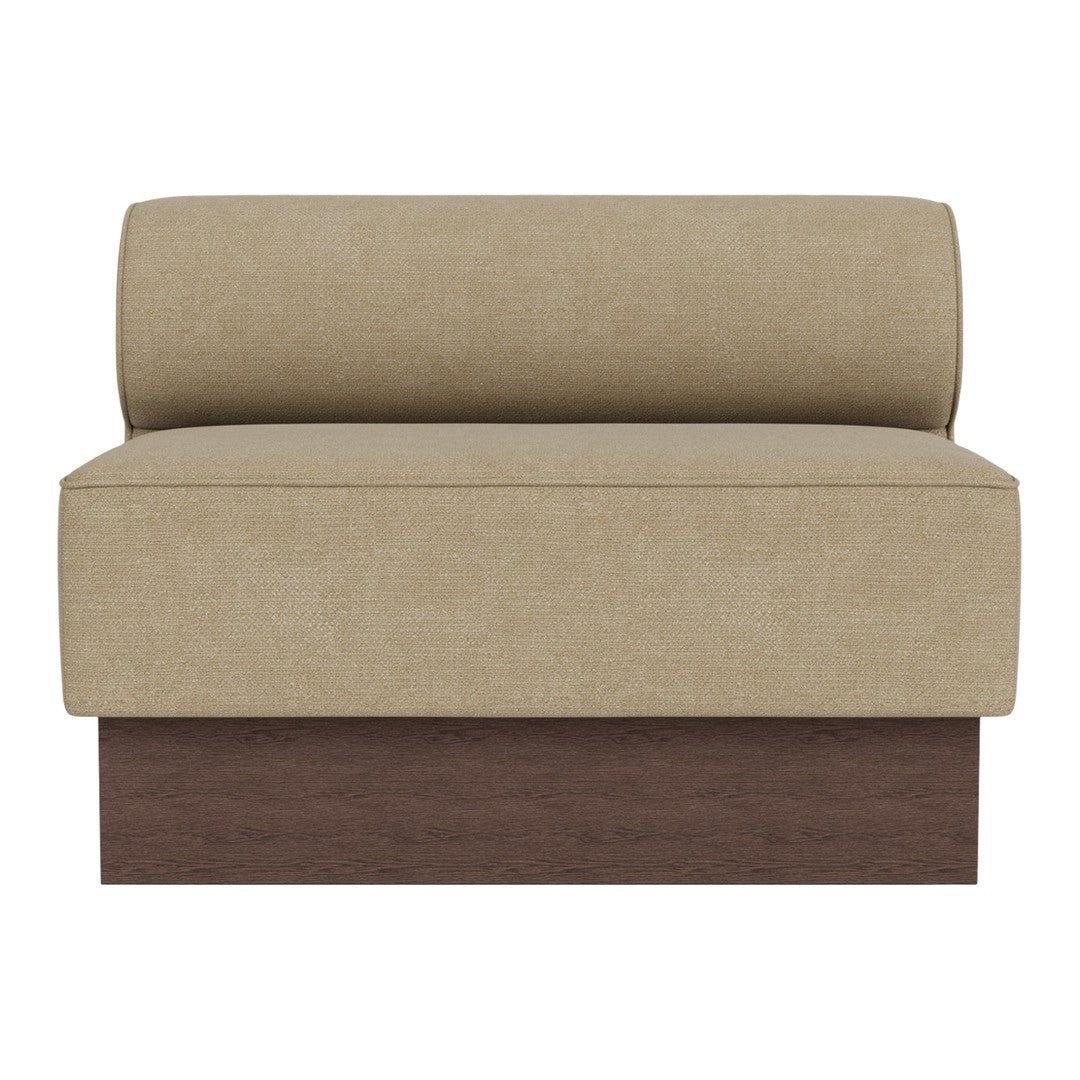 Beige upholstered loveseat with a cylindrical backrest and dark wood base. Simple, modern design with clean lines.