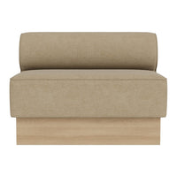 Beige upholstered loveseat with a smooth texture and a light wood base, perfect for modern decor.