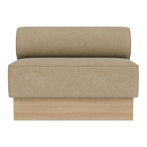 Beige upholstered loveseat with a smooth texture and a light wood base, perfect for modern decor.