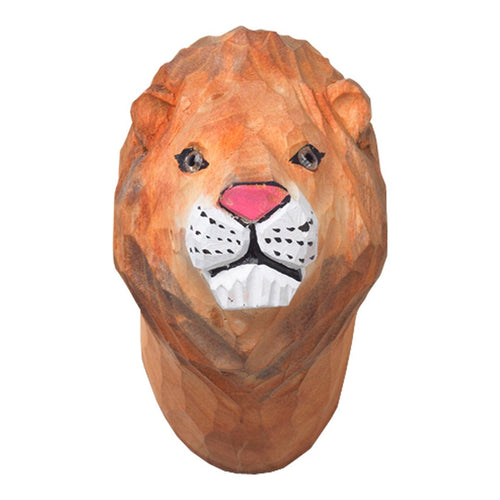 "Handcrafted lion head wall decor in warm orange and brown tones with black and white facial details."