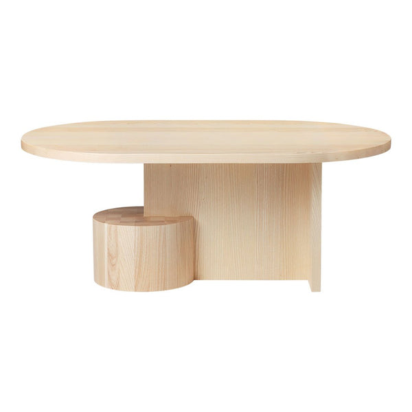 Light wood coffee table with a smooth oval top and unique cylindrical base design. Natural finish, minimalist style.