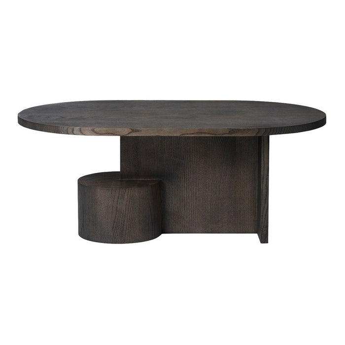 Modern round black wood table with a sleek design and contrasting cylindrical base. Elegant and minimalist pattern.