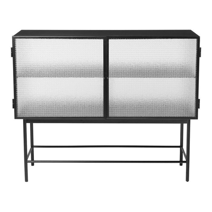 Black modern cabinet with textured glass doors and sleek metal frame. Perfect for contemporary decor.