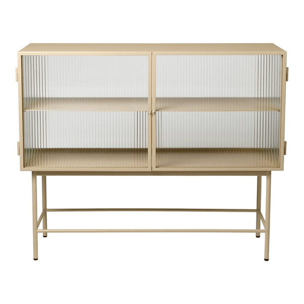 Beige cabinet with ribbed glass doors and a sleek metal frame, featuring two open shelves for stylish storage.