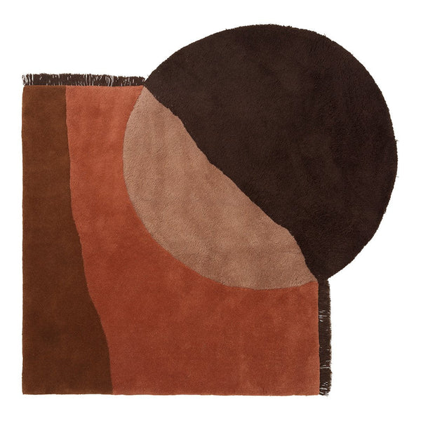 Abstract rug featuring brown, terracotta, and tan colors with circular and geometric patterns. Ideal for modern decor.